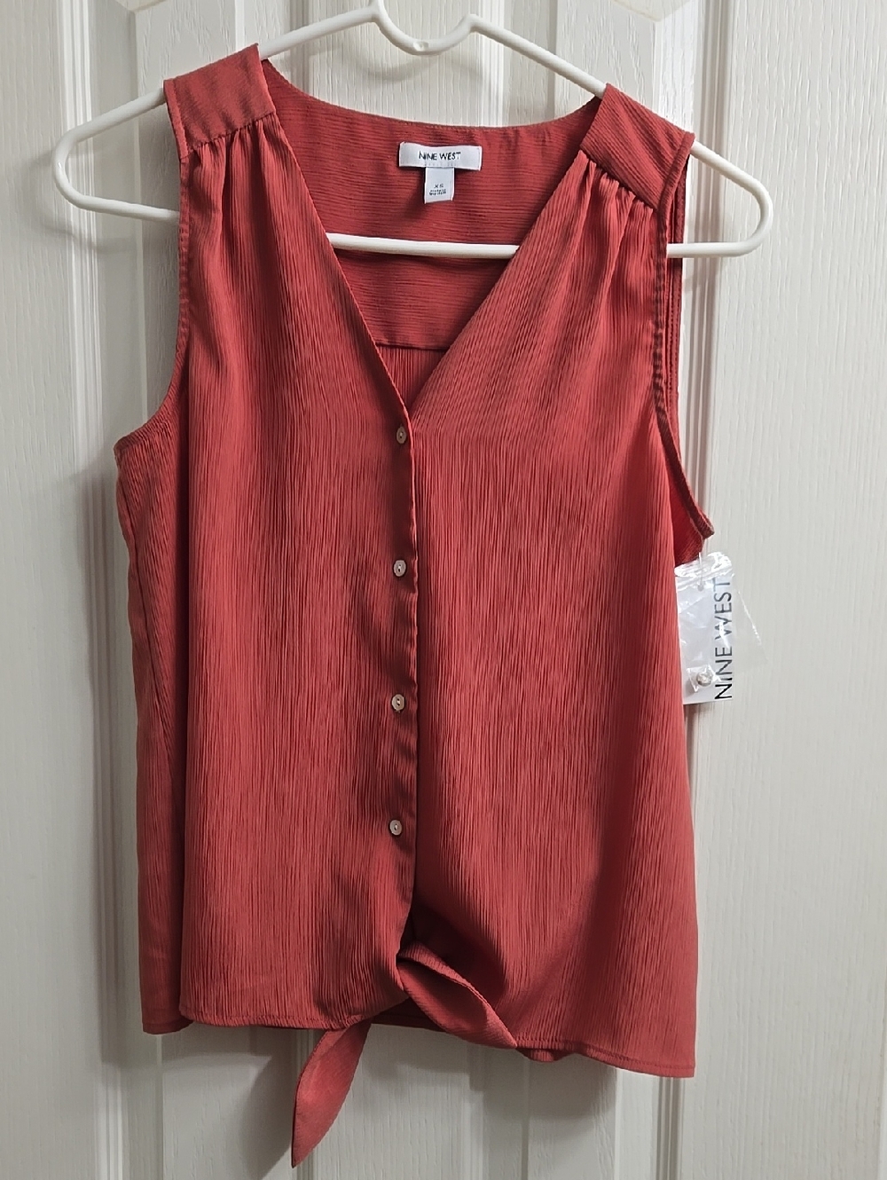 Nine West Rose Colored Sleeveless Button-Front Tie-Hem Blouse